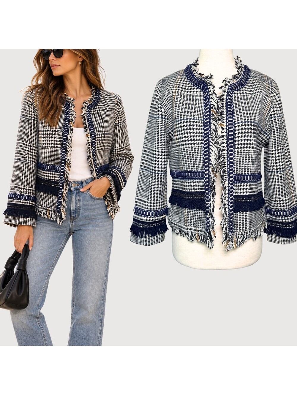 Stellah Plaid Fringe Tweed Open Front Blazer Jacket S